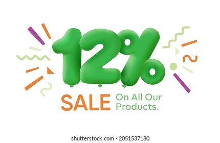 Special summer sale banner 12% discount in form of 3d balloons Green Vector design seasonal shopping promo advertisement illustration 3d numbers for tag offer label Enjoy Discounts Up to 12% off