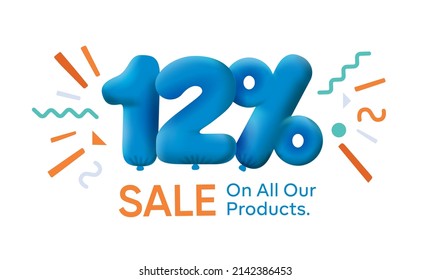 Special summer sale banner 12% discount in form of 3d balloons Blue Vector design seasonal shopping promo advertisement illustration 3d numbers for tag offer label Enjoy Discounts Up to 12% off