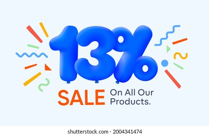 Special summer sale banner 13% discount in form of 3d blue balloons sun Vector design, seasonal shopping promo advertisement, illustration 3d numbers for tag offer label Enjoy Diccounts Up to 13% off