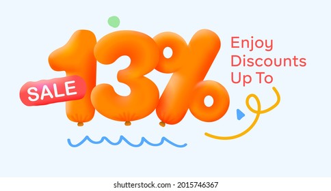 Special summer sale banner 13% discount in form of 3d yellow balloons sun Vector design seasonal shopping promo advertisement illustration 3d numbers for tag offer label Enjoy Discounts Up to 13% off