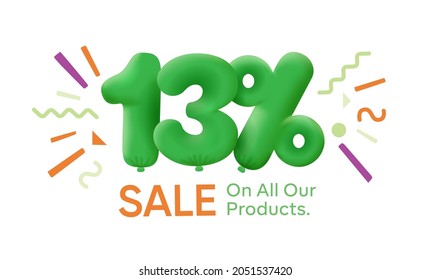 Special summer sale banner 13% discount in form of 3d balloons Green Vector design seasonal shopping promo advertisement illustration 3d numbers for tag offer label Enjoy Discounts Up to 13% off