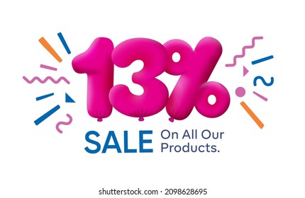 Special summer sale banner 13% discount in form of 3d balloons Pink Vector design seasonal shopping promo advertisement illustration 3d numbers for tag offer label Enjoy Discounts Up to 13% off