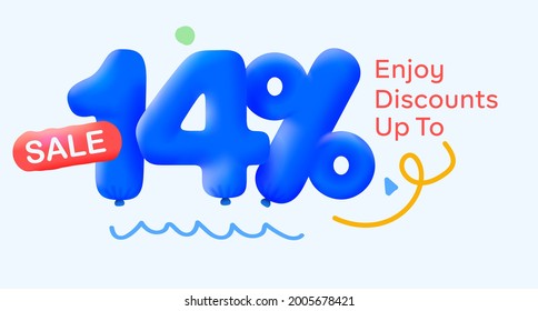 Special summer sale banner 14% discount in form of 3d blue balloons sun Vector design, seasonal shopping promo advertisement, illustration 3d numbers for tag offer label Enjoy Diccounts Up to 14% off