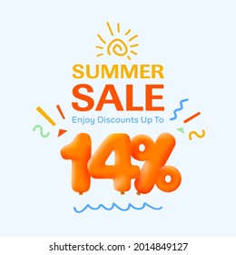 Special summer sale banner 14% discount in form of 3d yellow balloons sun Vector design seasonal shopping promo advertisement illustration 3d numbers for tag offer label Enjoy Discounts Up to 14% off