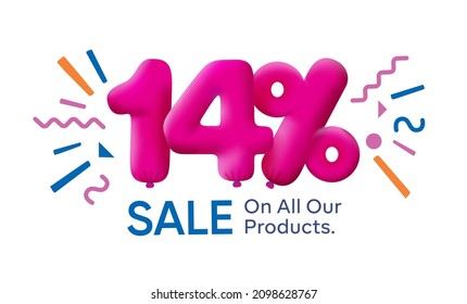 Special summer sale banner 14% discount in form of 3d balloons Pink Vector design seasonal shopping promo advertisement illustration 3d numbers for tag offer label Enjoy Discounts Up to 14% off