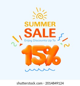 Special summer sale banner 15% discount in form of 3d yellow balloons sun Vector design seasonal shopping promo advertisement illustration 3d numbers for tag offer label Enjoy Discounts Up to 15% off
