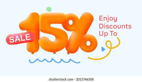 Special summer sale banner 15% discount in form of 3d yellow balloons sun Vector design seasonal shopping promo advertisement illustration 3d numbers for tag offer label Enjoy Discounts Up to 15% off