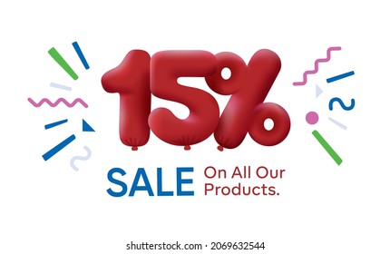 Special summer sale banner 15% discount in form of 3d balloons Red Vector design seasonal shopping promo advertisement illustration 3d numbers for tag offer label Enjoy Discounts Up to 15% off