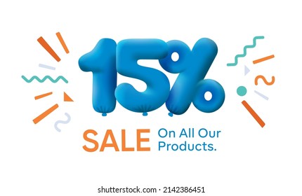 Special summer sale banner 15% discount in form of 3d balloons Blue Vector design seasonal shopping promo advertisement illustration 3d numbers for tag offer label Enjoy Discounts Up to 15% off