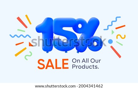 Special summer sale banner 15% discount in form of 3d blue balloons sun Vector design, seasonal shopping promo advertisement, illustration 3d numbers for tag offer label Enjoy Diccounts Up to 15% off