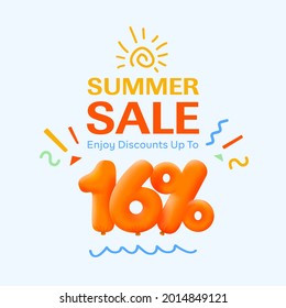 Special summer sale banner 16% discount in form of 3d yellow balloons sun Vector design seasonal shopping promo advertisement illustration 3d numbers for tag offer label Enjoy Discounts Up to 16% off