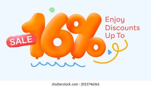 Special summer sale banner 16% discount in form of 3d yellow balloons sun Vector design seasonal shopping promo advertisement illustration 3d numbers for tag offer label Enjoy Discounts Up to 16% off