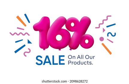 Special summer sale banner 16% discount in form of 3d balloons Pink Vector design seasonal shopping promo advertisement illustration 3d numbers for tag offer label Enjoy Discounts Up to 16% off
