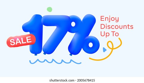 Special summer sale banner 17% discount in form of 3d blue balloons sun Vector design, seasonal shopping promo advertisement, illustration 3d numbers for tag offer label Enjoy Diccounts Up to 17% off