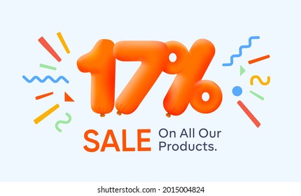 Special summer sale banner 17% discount in form of 3d yellow balloons sun Vector design seasonal shopping promo advertisement illustration 3d numbers for tag offer label Enjoy Discounts Up to 17% off