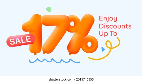 Special summer sale banner 17% discount in form of 3d yellow balloons sun Vector design seasonal shopping promo advertisement illustration 3d numbers for tag offer label Enjoy Discounts Up to 17% off
