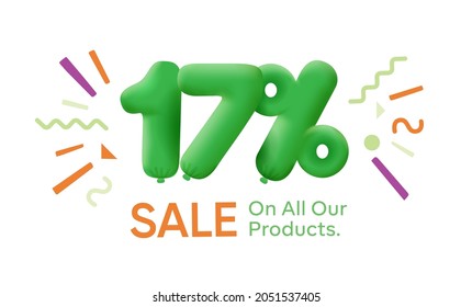 Special summer sale banner 17% discount in form of 3d balloons Green Vector design seasonal shopping promo advertisement illustration 3d numbers for tag offer label Enjoy Discounts Up to 17% off