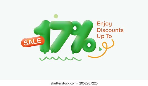 Special summer sale banner 17% discount in form of 3d balloons Green Vector design seasonal shopping promo advertisement illustration 3d numbers for tag offer label Enjoy Discounts Up to 17% off