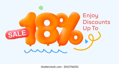 Special summer sale banner 18% discount in form of 3d yellow balloons sun Vector design seasonal shopping promo advertisement illustration 3d numbers for tag offer label Enjoy Discounts Up to 18% off
