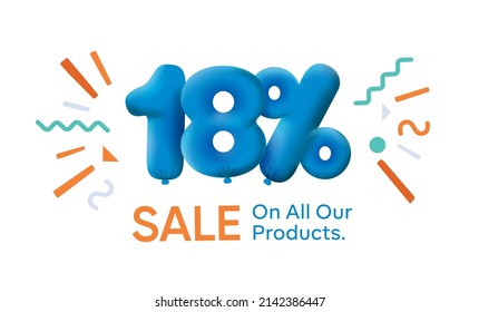 Banner especial de venta de verano 18% de descuento en forma de globos 3d Diseño Vector azul estacional de promoción de compras ilustración 3d números para etiqueta de oferta Disfrutar descuentos Hasta 18% de descuento