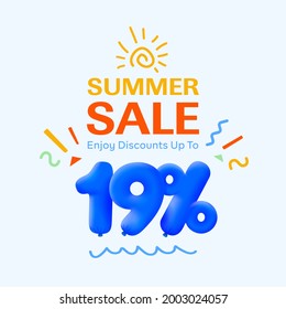 Special summer sale banner 19% discount in form of 3d blue balloons sun Vector design, seasonal shopping promo advertisement, illustration 3d numbers for tag offer label Enjoy Diccounts Up to 19% off