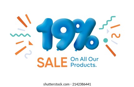 Banner especial de venta de verano 19% de descuento en forma de globos 3d Diseño Vector Azul estacional de compras ilustración de publicidad 3d números para etiqueta de oferta Disfrutar descuentos Hasta 19% de descuento