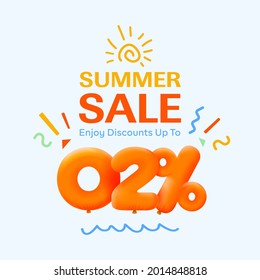 Special summer sale banner 2% discount in form of 3d yellow balloons sun Vector design seasonal shopping promo advertisement illustration 3d numbers for tag offer label Enjoy Discounts Up to 2% off