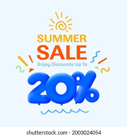 Special summer sale banner 20% discount in form of 3d blue balloons sun Vector design, seasonal shopping promo advertisement, illustration 3d numbers for tag offer label Enjoy Diccounts Up to 20% off