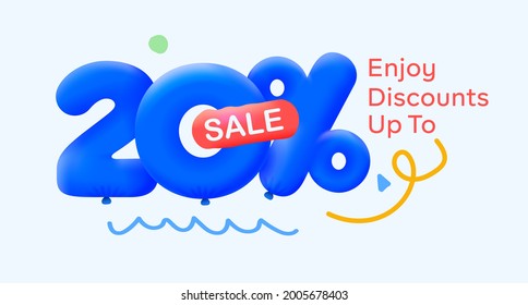 Special summer sale banner 20% discount in form of 3d blue balloons sun Vector design, seasonal shopping promo advertisement, illustration 3d numbers for tag offer label Enjoy Diccounts Up to 20% off