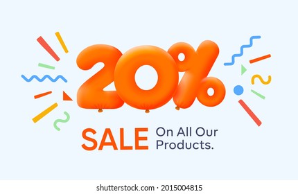 Special summer sale banner 20% discount in form of 3d yellow balloons sun Vector design seasonal shopping promo advertisement illustration 3d numbers for tag offer label Enjoy Discounts Up to 20% off