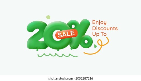 Special summer sale banner 20% discount in form of 3d balloons Green Vector design seasonal shopping promo advertisement illustration 3d numbers for tag offer label Enjoy Discounts Up to 20% off