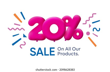 Special summer sale banner 20% discount in form of 3d balloons Pink Vector design seasonal shopping promo advertisement illustration 3d numbers for tag offer label Enjoy Discounts Up to 20% off