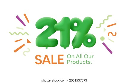 Special summer sale banner 21% discount in form of 3d balloons Green Vector design seasonal shopping promo advertisement illustration 3d numbers for tag offer label Enjoy Discounts Up to 21% off