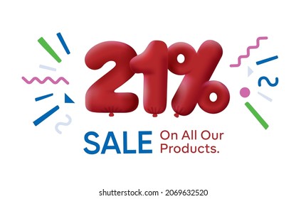 Special summer sale banner 21% discount in form of 3d balloons Red Vector design seasonal shopping promo advertisement illustration 3d numbers for tag offer label Enjoy Discounts Up to 21% off