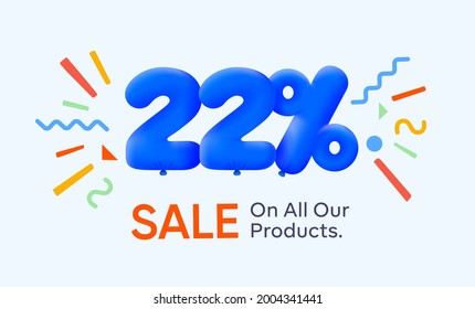 Special summer sale banner 22% discount in form of 3d blue balloons sun Vector design, seasonal shopping promo advertisement, illustration 3d numbers for tag offer label Enjoy Diccounts Up to 22% off