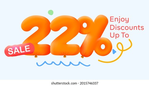 Special summer sale banner 22% discount in form of 3d yellow balloons sun Vector design seasonal shopping promo advertisement illustration 3d numbers for tag offer label Enjoy Discounts Up to 22% off