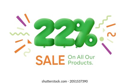 Special summer sale banner 22% discount in form of 3d balloons Green Vector design seasonal shopping promo advertisement illustration 3d numbers for tag offer label Enjoy Discounts Up to 22% off