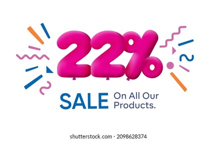 Special summer sale banner 22% discount in form of 3d balloons Pink Vector design seasonal shopping promo advertisement illustration 3d numbers for tag offer label Enjoy Discounts Up to 22% off