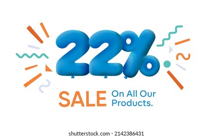 Special summer sale banner 22% discount in form of 3d balloons Blue Vector design seasonal shopping promo advertisement illustration 3d numbers for tag offer label Enjoy Discounts Up to 22% off