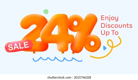 Special summer sale banner 24% discount in form of 3d yellow balloons sun Vector design seasonal shopping promo advertisement illustration 3d numbers for tag offer label Enjoy Discounts Up to 24% off