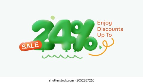 Special summer sale banner 24% discount in form of 3d balloons Green Vector design seasonal shopping promo advertisement illustration 3d numbers for tag offer label Enjoy Discounts Up to 24% off