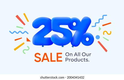 Special summer sale banner 25% discount in form of 3d blue balloons sun Vector design, seasonal shopping promo advertisement, illustration 3d numbers for tag offer label Enjoy Diccounts Up to 25% off