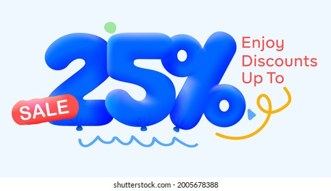 Special summer sale banner 25% discount in form of 3d blue balloons sun Vector design, seasonal shopping promo advertisement, illustration 3d numbers for tag offer label Enjoy Diccounts Up to 25% off