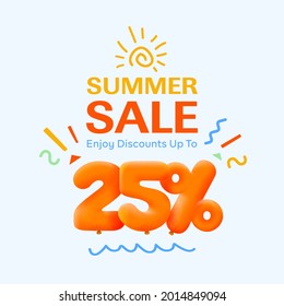 Special summer sale banner 25% discount in form of 3d yellow balloons sun Vector design seasonal shopping promo advertisement illustration 3d numbers for tag offer label Enjoy Discounts Up to 25% off