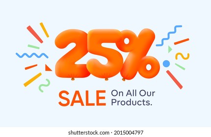 Special summer sale banner 25% discount in form of 3d yellow balloons sun Vector design seasonal shopping promo advertisement illustration 3d numbers for tag offer label Enjoy Discounts Up to 25% off