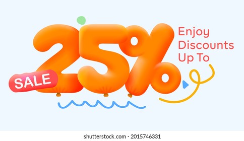 Special summer sale banner 25% discount in form of 3d yellow balloons sun Vector design seasonal shopping promo advertisement illustration 3d numbers for tag offer label Enjoy Discounts Up to 25% off