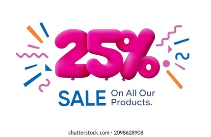 Special summer sale banner 25% discount in form of 3d balloons Pink Vector design seasonal shopping promo advertisement illustration 3d numbers for tag offer label Enjoy Discounts Up to 25% off