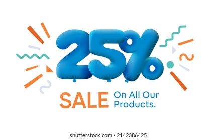 Special summer sale banner 25% discount in form of 3d balloons Blue Vector design seasonal shopping promo advertisement illustration 3d numbers for tag offer label Enjoy Discounts Up to 25% off