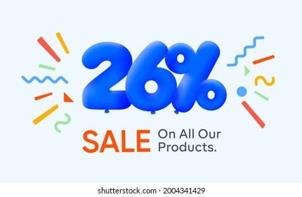 Special summer sale banner 26% discount in form of 3d blue balloons sun Vector design, seasonal shopping promo advertisement, illustration 3d numbers for tag offer label Enjoy Diccounts Up to 26% off