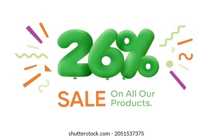 Special summer sale banner 26% discount in form of 3d balloons Green Vector design seasonal shopping promo advertisement illustration 3d numbers for tag offer label Enjoy Discounts Up to 26% off